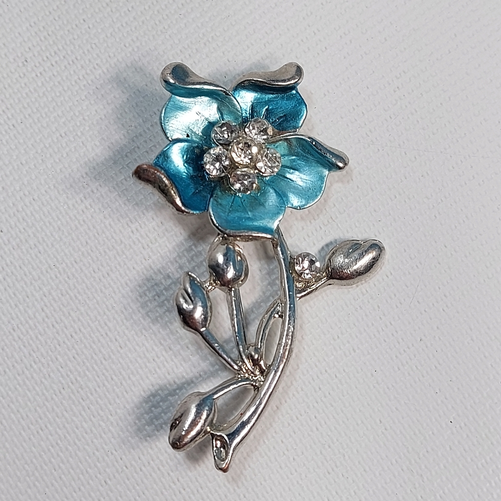 Silver Tone Blue Flower Rhinestone Vintage Brooch